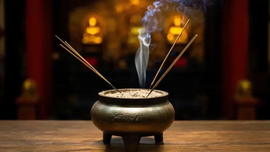 Burning incense in Buddhist altar with smoke rising – symbolizing prayer, remembrance, and spiritual healing