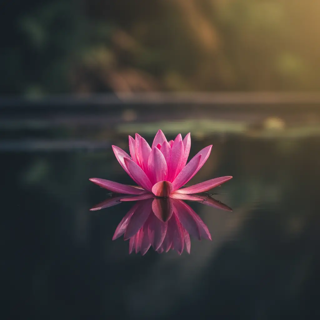 A vibrant pink lotus flower emerging from dark water, symbolizing spiritual liberation and purity from suffering.