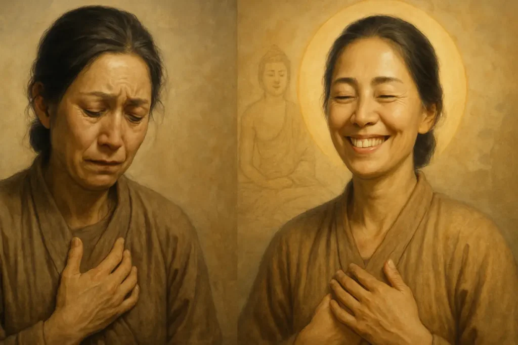 Image depicting a woman's transformation from grief to radiant peace, symbolizing the healing power of spiritual guidance