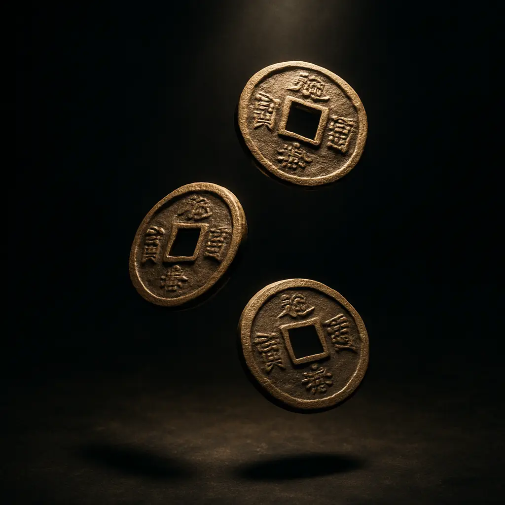 Three ancient I Ching coins suspended mid-air in a toss, illuminated by a beam of light, symbolizing profound life guidance and insight.