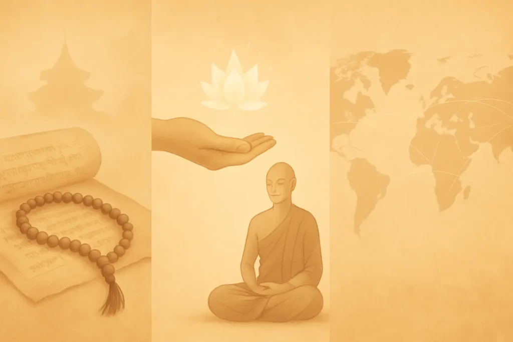Three-panel banner image showing: 1. Traditional Buddhist text and mala, 2. A meditating figure with a guiding hand and lotus, and 3. A world map with connection lines.