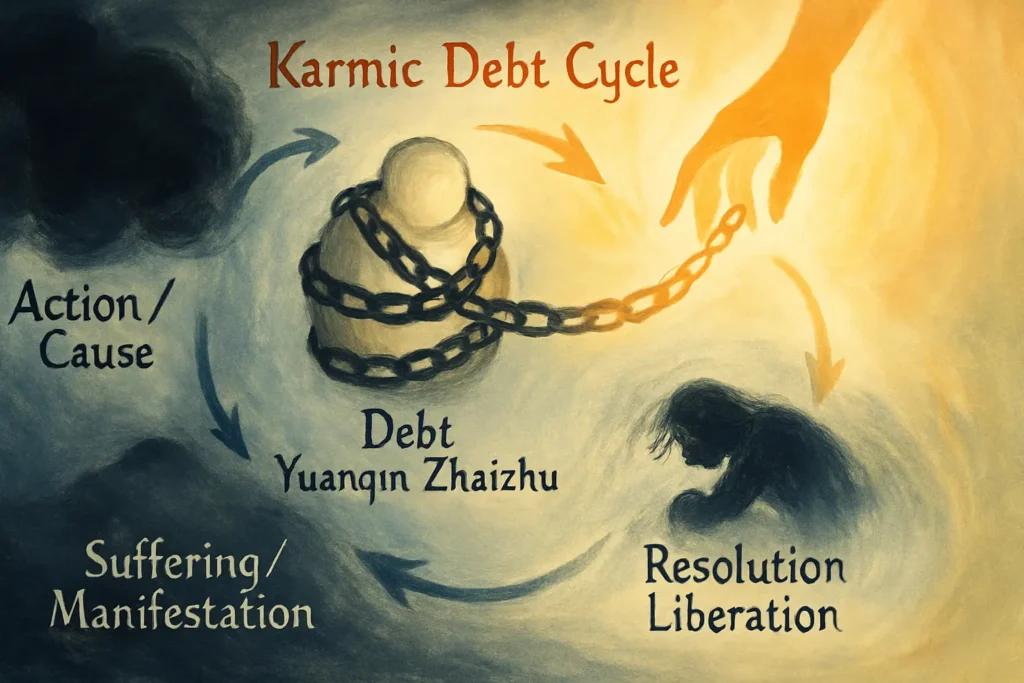 Abstract conceptual diagram illustrating the Karmic Debt Cycle: Action leads to Debt (Yuanqin Zhaizhu), which causes Suffering. A compassionate intervention (Liberation Program) breaks the chain, leading to Resolution and Liberation.