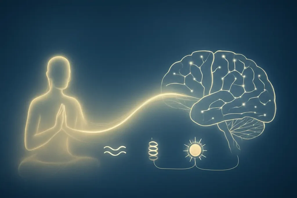 Conceptual illustration showing a connection between a meditating figure and a brain diagram, leading to four icons representing the psychological benefits of the practice.