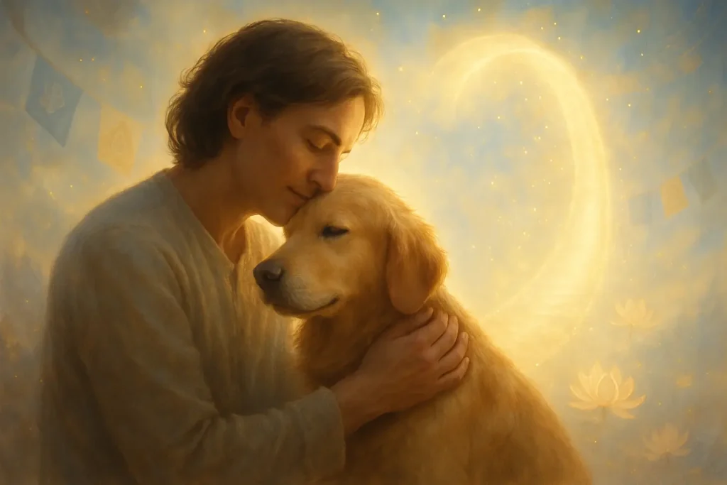 Grieving pet owner finding solace, symbolizing healing and spiritual connection after pet loss