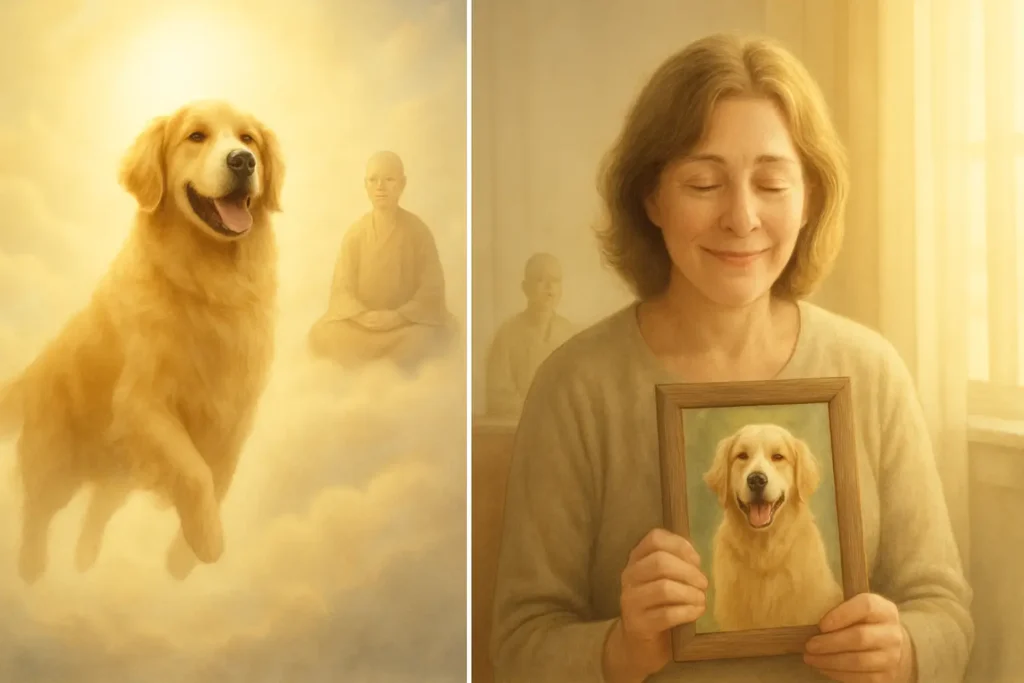 On the left, a happy golden retriever floats peacefully upwards on golden clouds, with a serene Buddhist practitioner meditating in the background. On the right, a smiling woman with closed eyes, also appearing happy, holds a framed photo of a golden retriever, with another serene Buddhist practitioner in the background.