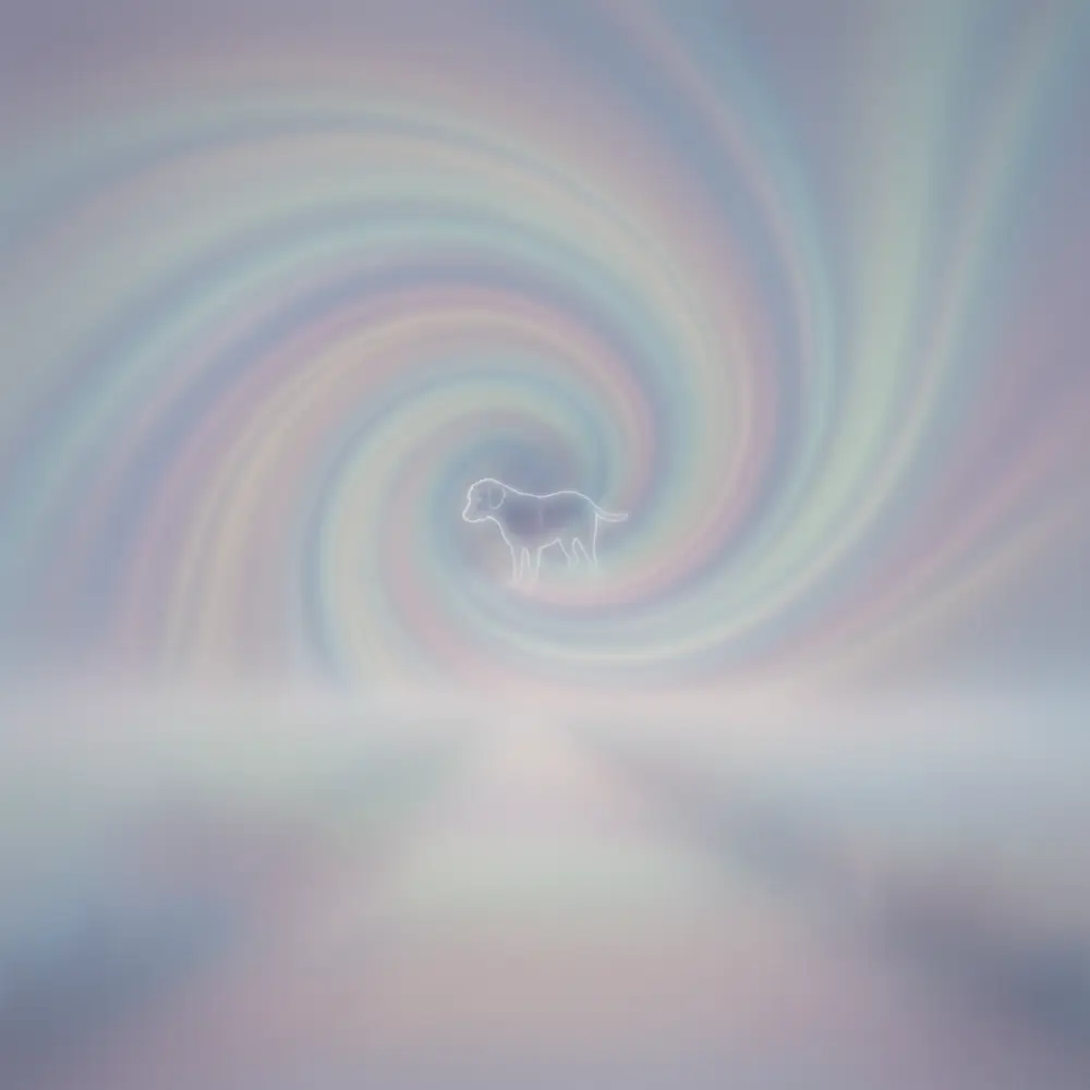 A translucent outline of a dog stands uncertainly in a soft, swirling vortex of misty, ethereal colors, symbolizing the confusion and disorientation a pet's soul may experience immediately after death