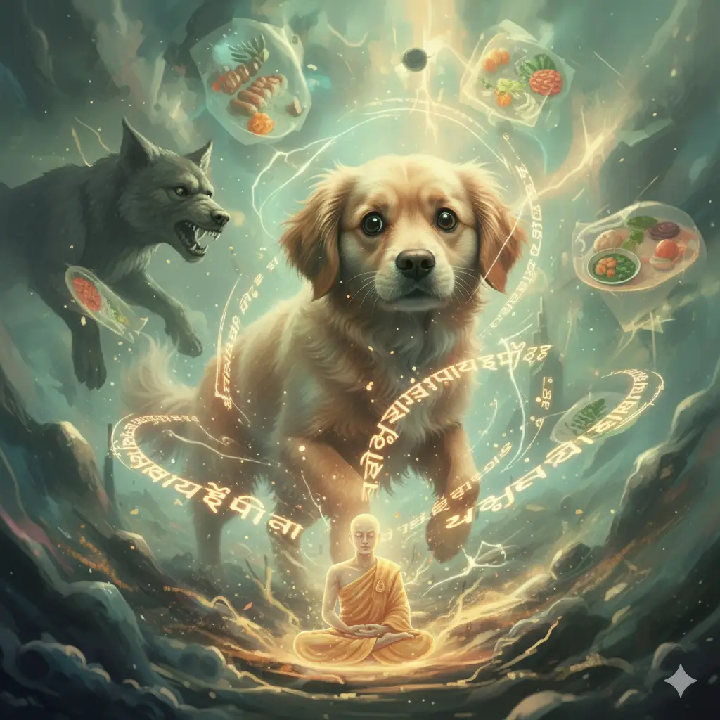 A floating dog soul surrounded by glowing script and a meditating monk, while illusions of desired food and a snarling wolf appear in the spiritual mist, representing karmic imprints