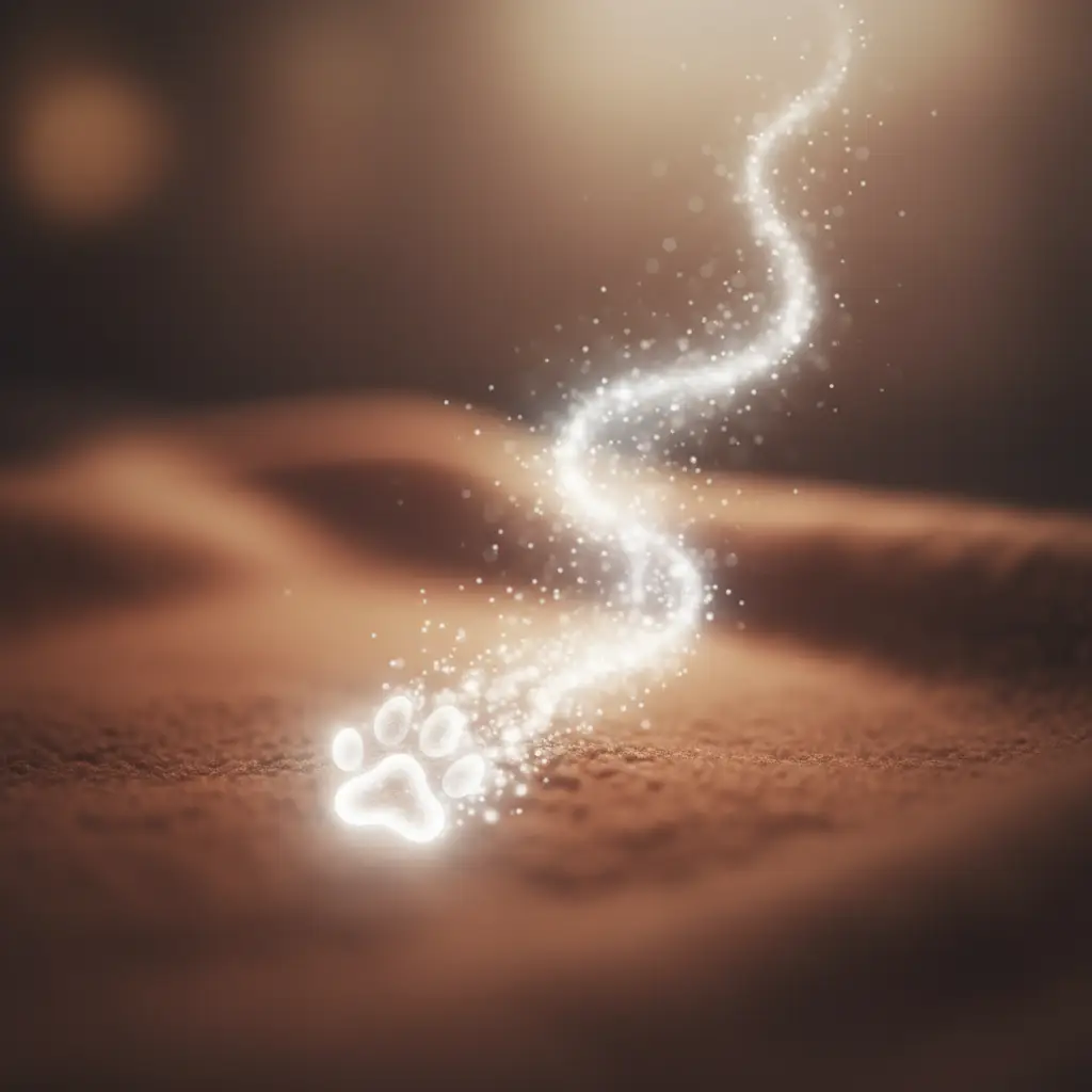 A glowing paw print dissolving into a stream of ethereal light on a soft, earthy background, symbolizing a pet's soul transition.