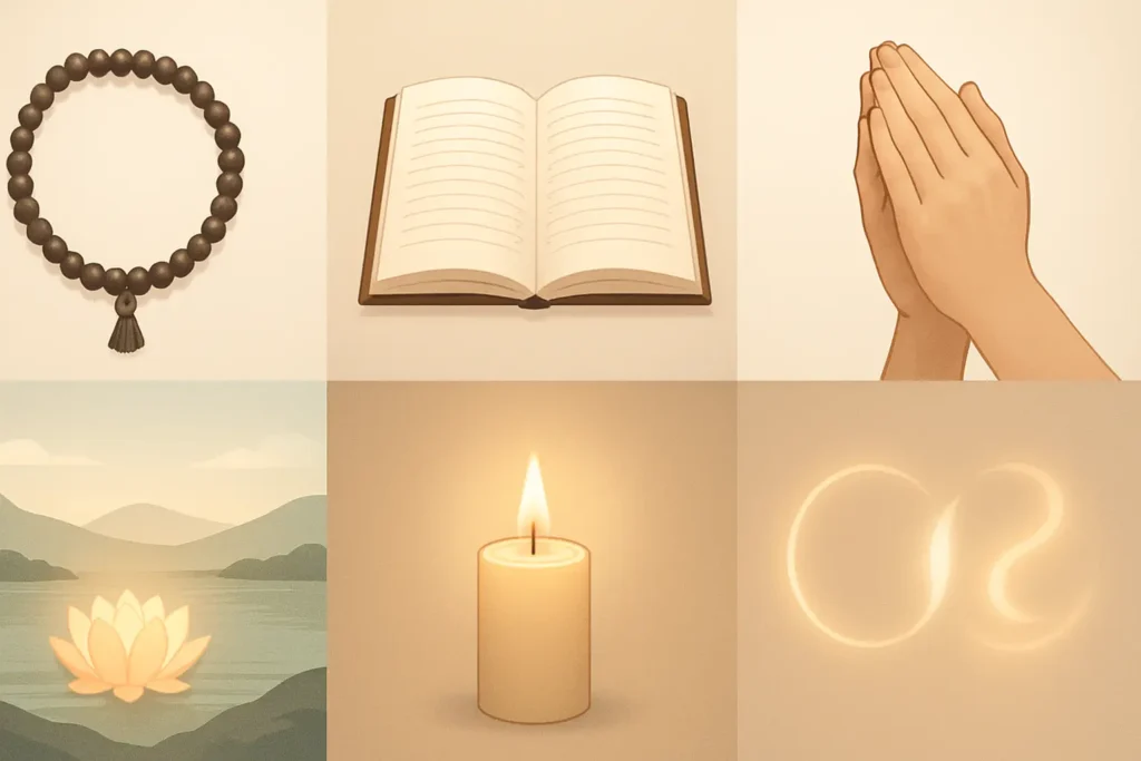 Six elements of Pure Land Buddhist practice: prayer beads for chanting, open sutra for Dharma, clasped hands for repentance, lotus for visualization, candle for merit dedication, and abstract light for Sincere Resonance.