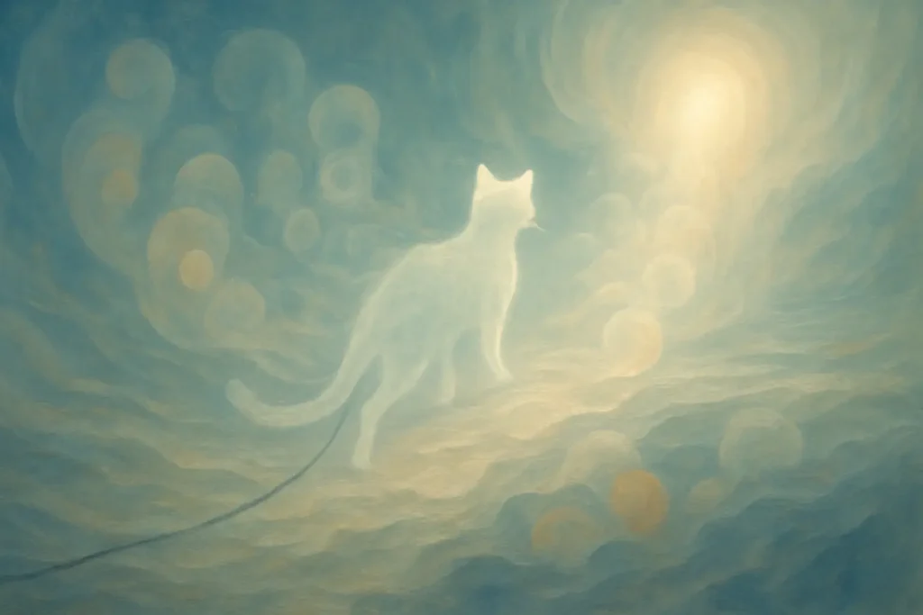 Image visualizing the spiritual journey of a pet, depicting the Bardo state and the release from the Five Skandhas, symbolizing transition to liberation