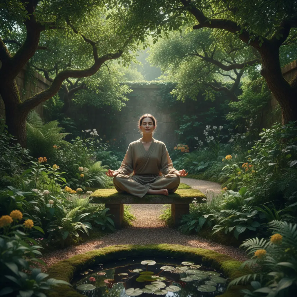A figure meditating in a serene, sun-dappled garden with lush greenery, symbolizing spiritual growth and wisdom cultivation.